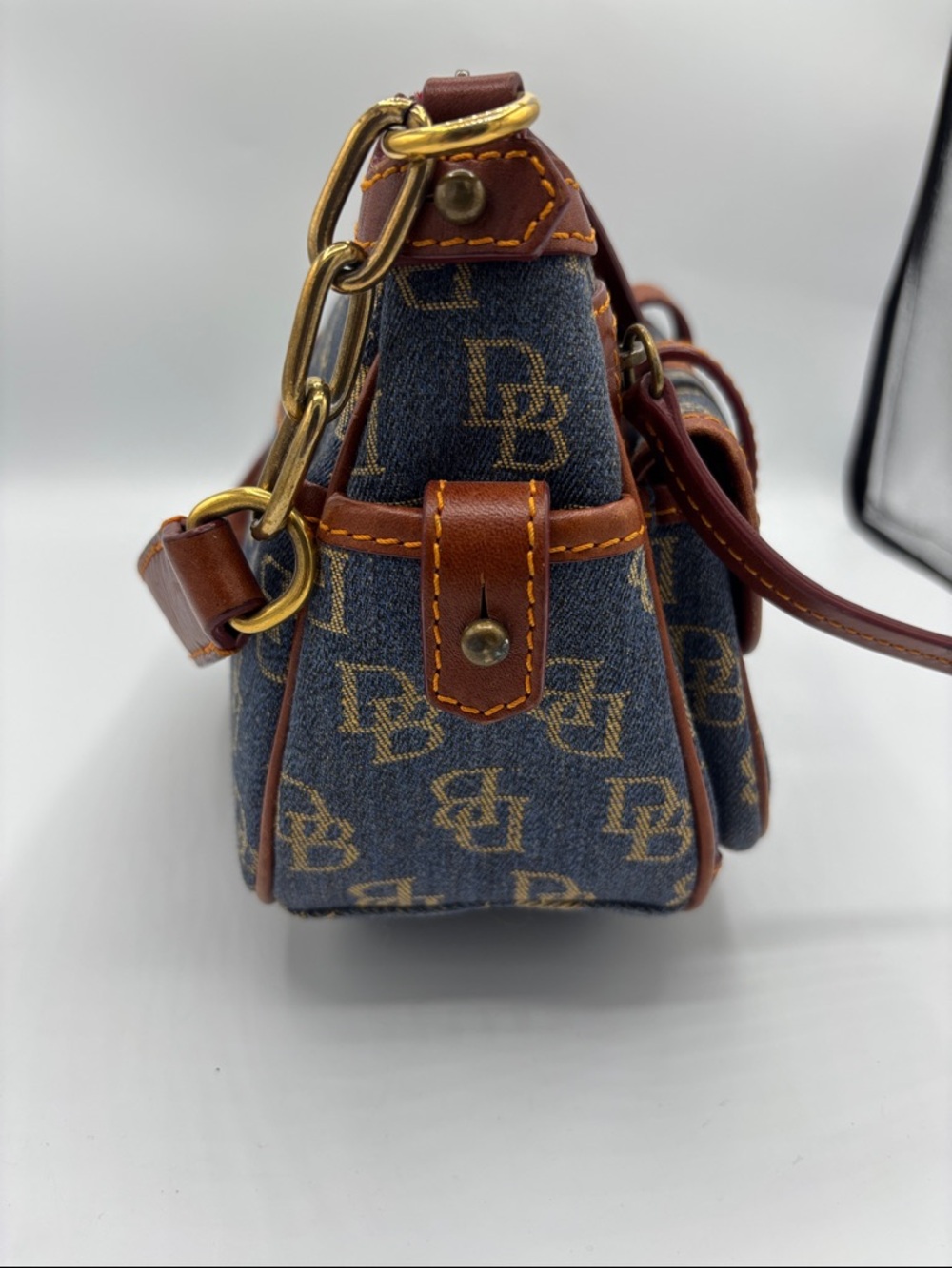Vintage Dooney & Bourke Blue Logo Denim Banana Bag Brown Leather Trim - Picture 7 of 16